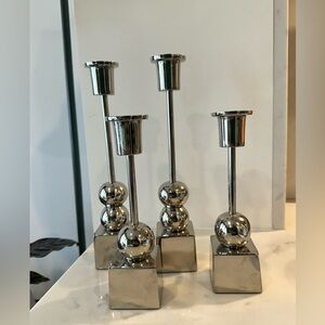 4 x Silver Tone Candlesticks Sculptural Geometric Taper Candle Holders Nickel